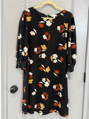 Charming Charlie Black Floral Long Sleeve Dress with Rust and Mustard Accents